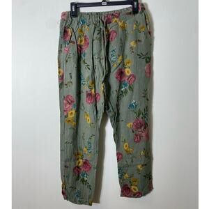 Belle France Green Flowered Linen Pants Sz L